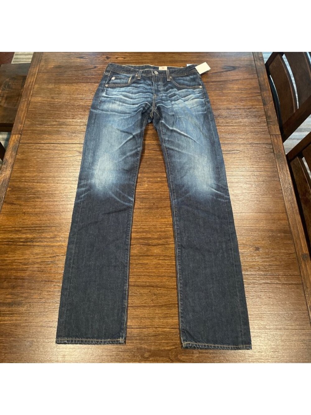 AG Slim Straight Jean Men's 32x34.5 Medium Dark Distressed Faded Stretch Sample